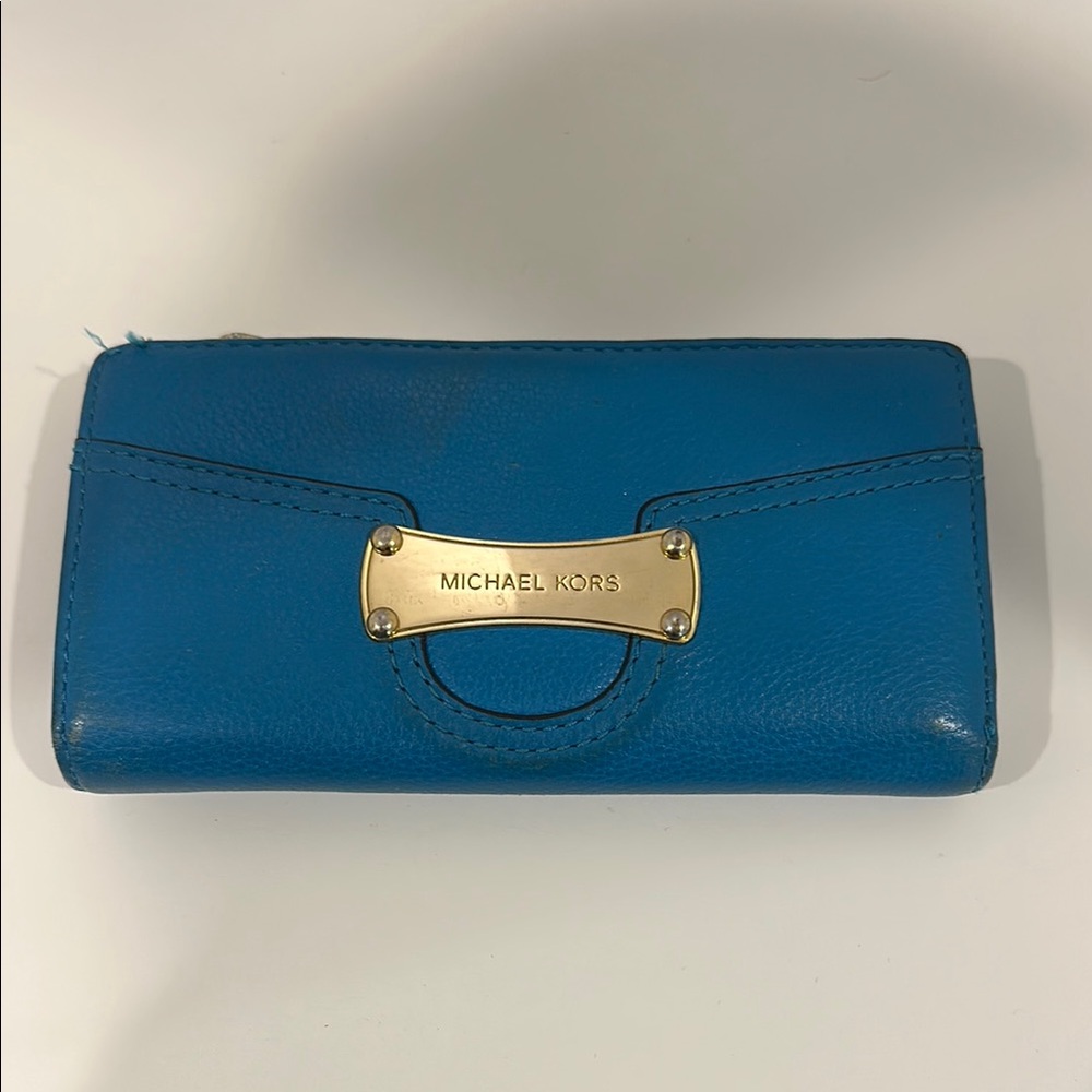 Michael Kors Blue Leather Wallet with Gold Plaque